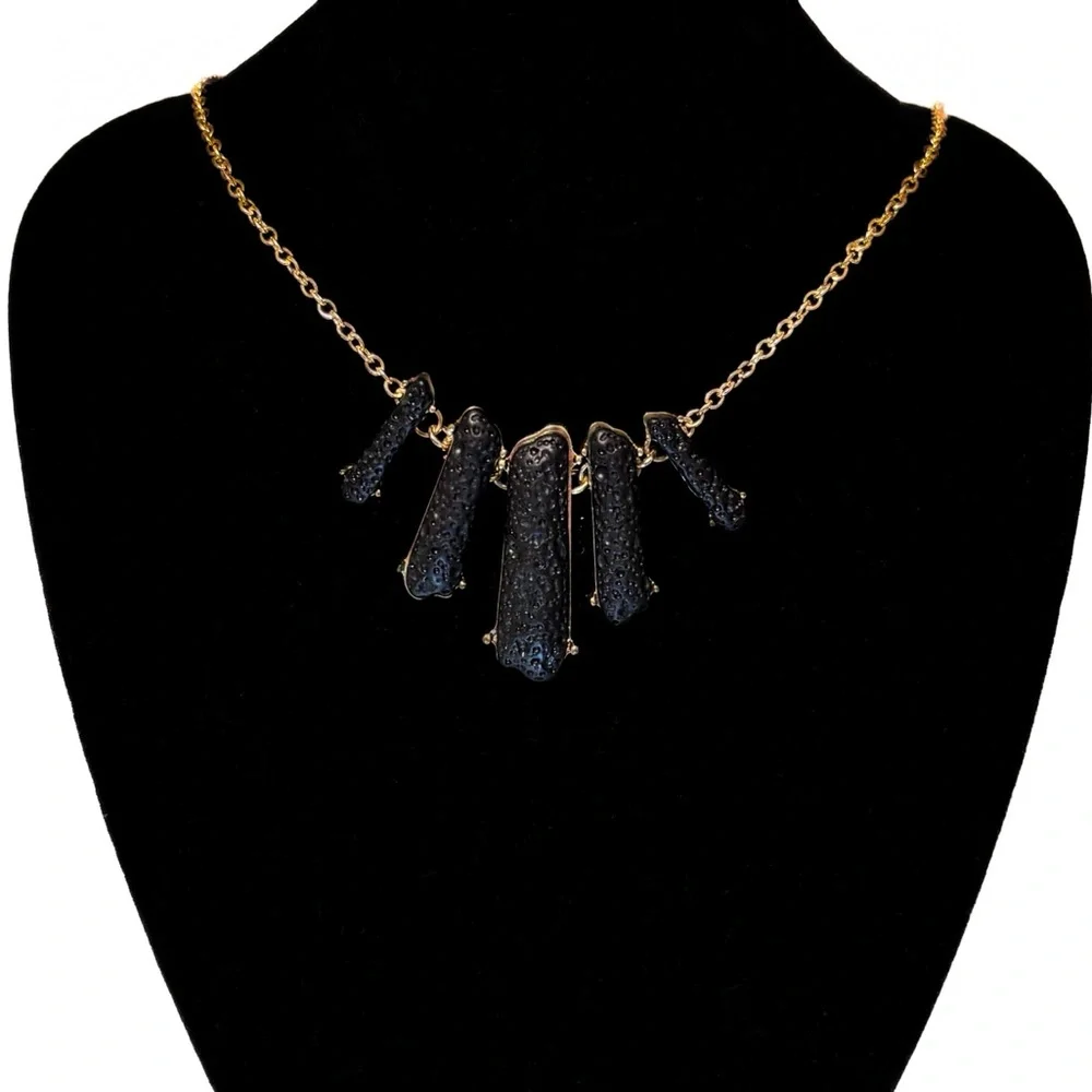 NEW - Elegant Statement Black Druzy Stones & Gold Waterfall Pendants Necklace - Picture 4 of 5